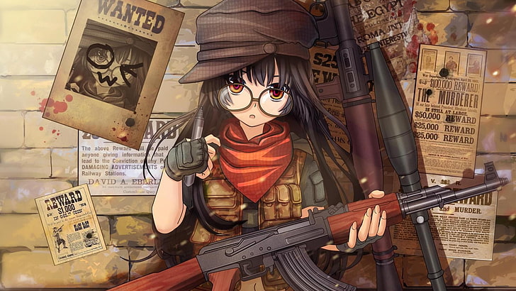anime, gadis anime, karakter asli, AK-47, senapan, kacamata, sarung tangan, senjata, senjata, Wallpaper HD