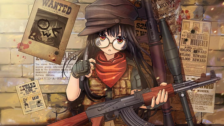 anime, personaggi originali, AK-47, occhiali, anime girls, arma, pistola, fucili, guanti, Sfondo HD