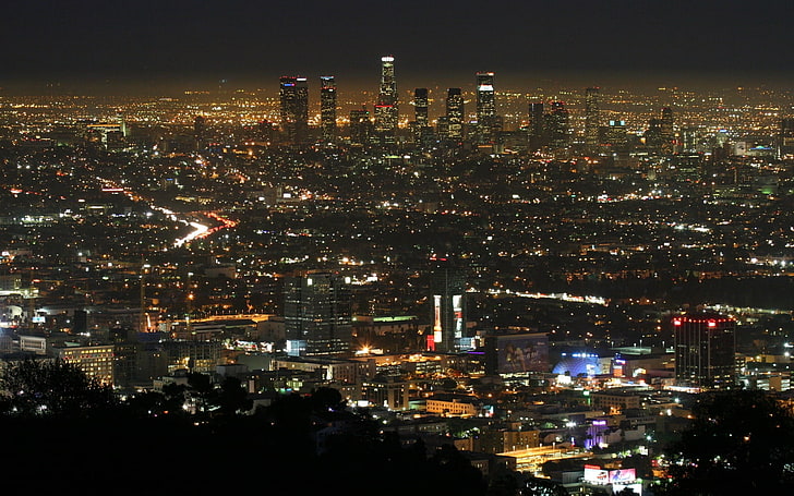 city lights during nighttime, los angeles, night, view, top view, HD wallpaper
