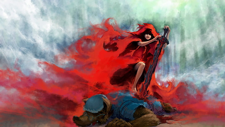mulher segurando a espada enquanto em chamas pintura, arte da fantasia, lobo, lâminas, sangue, clareira da floresta, Chapeuzinho Vermelho, HD papel de parede