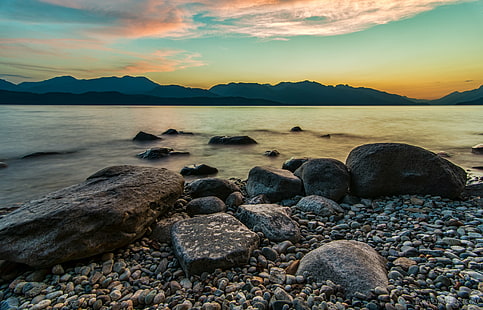 brown rocks bear body of water during sunset, Colors, brown, rocks, body of water, sunset, Background, Beach, Beautiful lake, Blue, Boulder, British Columbia, Calm, Canada, Colorful, Dawn, Dramatic, Dusk, Forest, Harbor, Harrison Lake, Landscape, Majestic, Morning, Mountain, Natural, Nature, Nobody, Outdoor, Outside, Peace, Pristine, Red, Reflection, Relax, Relaxation, Resort, Rock, Romantic, Scenery, Scenic, Serene, Sky  Stone, Summer, Sunrise  Sunset, Tourism, Tranquil, Travel, Trees, Twilight, Vacation, Water, Waterscape, Wide Angle, Woods, outdoors, scenics, sky, rock - Object, lake, sea, HD wallpaper HD wallpaper