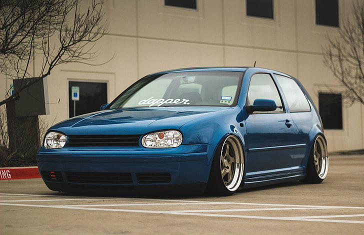 blue Volkswagen Golf, volkswagen, golf, blue, tuning, coupe, germany, low, stance, mk4, HD tapet