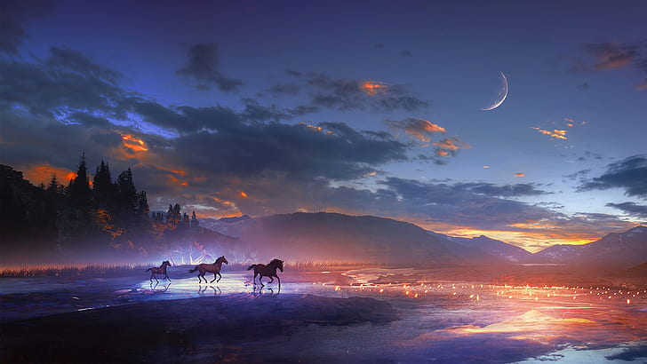 dreamland, fantasy art, horses, running, run, horse, moon, moonlight, HD wallpaper