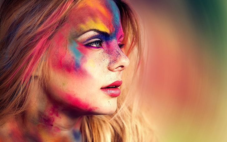 colorful, model, face, face paint, body paint, blonde, women, profile, HD wallpaper