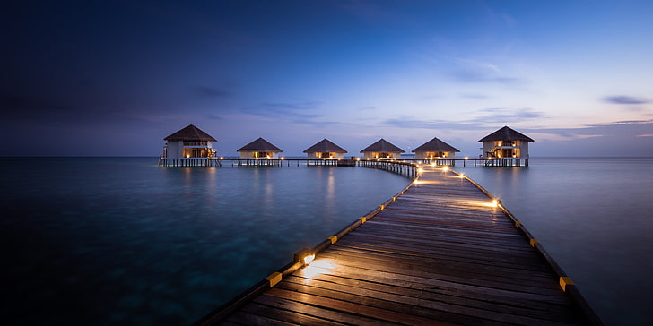Artificial Lights, beach, blue, Bungalow, landscape, Maldives, nature, resort, sea, summer, sunrise, tropical, Walkway, HD wallpaper