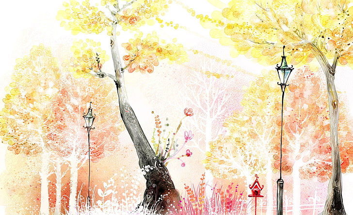 Disegni dell'autunno, illustrazione gialla degli alberi coperti di foglie, stagioni, autunno, Sfondo HD