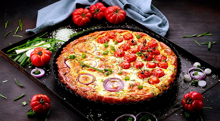 Onions, food, pizza, tomatoes, HD wallpaper
