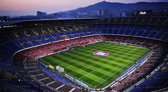 Camp Nou in Barcelona, Spain, blue and green soccer field, Sports, Football, Spain, Camp, Stadium, barcelona, fc barcelona, camp nou, HD wallpaper HD wallpaper