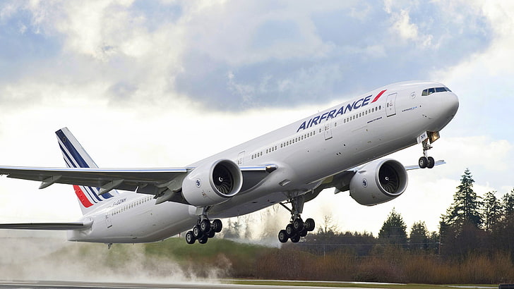 avião branco Airfrance, avião, decolagem, Air France, aeronaves, aviões de passageiros, 777-300ER, Boeing 777, HD papel de parede