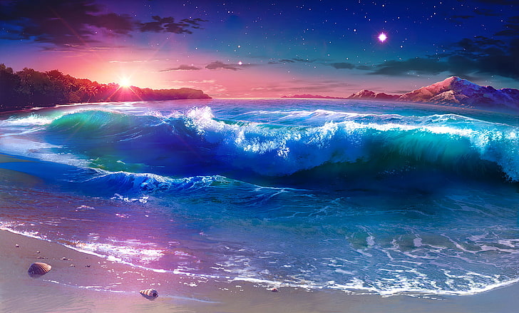blaue und rote abstrakte Malerei, Grafik, Sonnenuntergang, Wolken, Wellen, Himmel, Strand, Cyan, Neon, Sterne, HD-Hintergrundbild