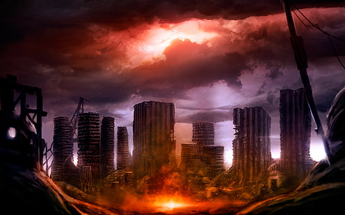 небо, облака, город, дом, апокалипсис, небоскреб, разрушения, руины, HD обои HD wallpaper