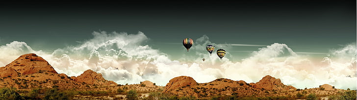 three hot air balloons, dual monitors, multiple display, hot air balloons, mountains, clouds, desert, landscape, HD wallpaper