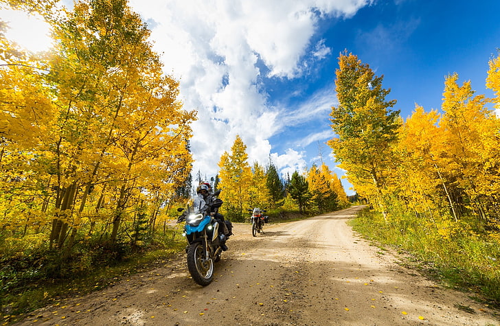 Motorcycle Touring, Seasons, Autumn, Travel, Nature, Yellow, Good, Trees, Road, Photography, Clouds, Fall, Weather, Motorcycle, Touring, Cool, Country, united states, Adventure, Bikes, Explore, off-road, Aspens, Riders, visit, bluesky, fallcolors, dirtroad, coloroado, f800gs, r1200gs, sigma816, StillwaterPass, HD wallpaper