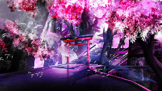 красные и черные тори обои, аниме, пейзаж, храм, вишневые деревья, фиолетовый, HD обои HD wallpaper