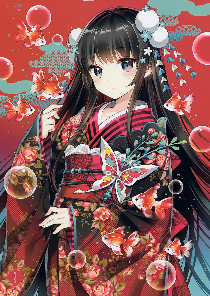 anime girl, kimono, black hair, long hair, fish, bubbles, Anime, HD wallpaper