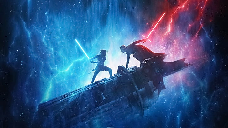 Star Wars, Star Wars: The Rise of Skywalker, movie poster, poster, movie characters, fictional, fictional characters, laser saber, laser swords, galaxy, space, Jedi, Sith, Rey, Rey (from Star Wars), Kylo Ren, battle, George Lucas, lightsaber, lights, red, blue, Duel, Star Wars: Episode IX - The Rise of Skywalker, HD wallpaper