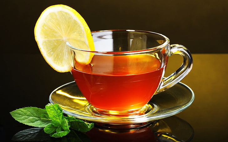 tazza da tè in vetro trasparente, tè, tazza, limone, menta, Sfondo HD