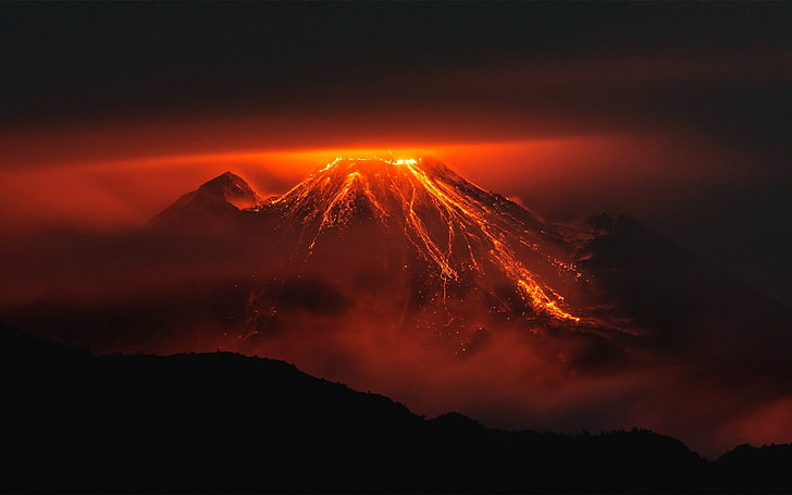 volcano, orange, nature, landscape, lava, night, silhouette, volcanic eruption, Ecuador, mountains, red, photography, HD wallpaper