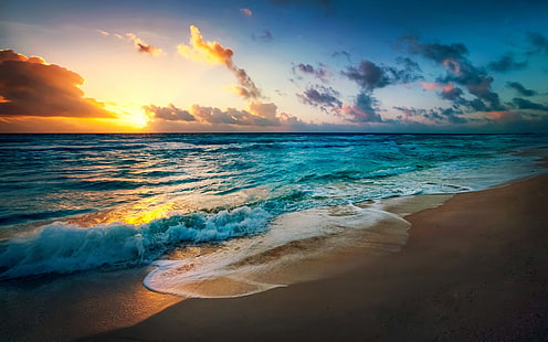 Wybrzeże, morze, fale, zachód słońca, chmury, zdjęcie sylwetki brzegu morza, Wybrzeże, morze, fale, zachód słońca, chmury, Tapety HD HD wallpaper