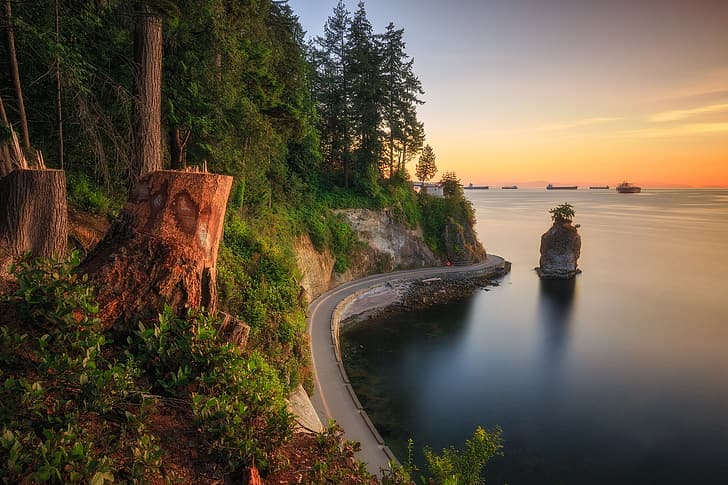 la carretera, mar, bosque, rock, costa, Canadá, Vancouver, Columbia Británica, Stanley Park, Bay Burrard, Burrard Inlet, Siwash Rock, Fondo de pantalla HD