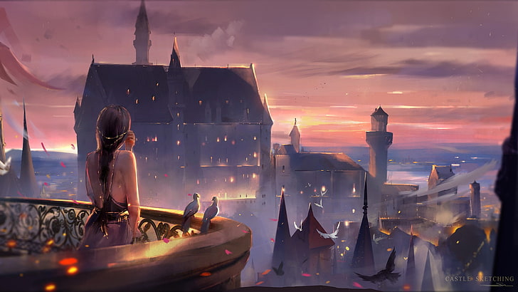 the sky, girl, castle, the evening, pigeons, tower, balcony, long hair, spires, art, the light in the Windows, from the back, the roofs of the houses, Wlop, Castle Sketching, HD wallpaper