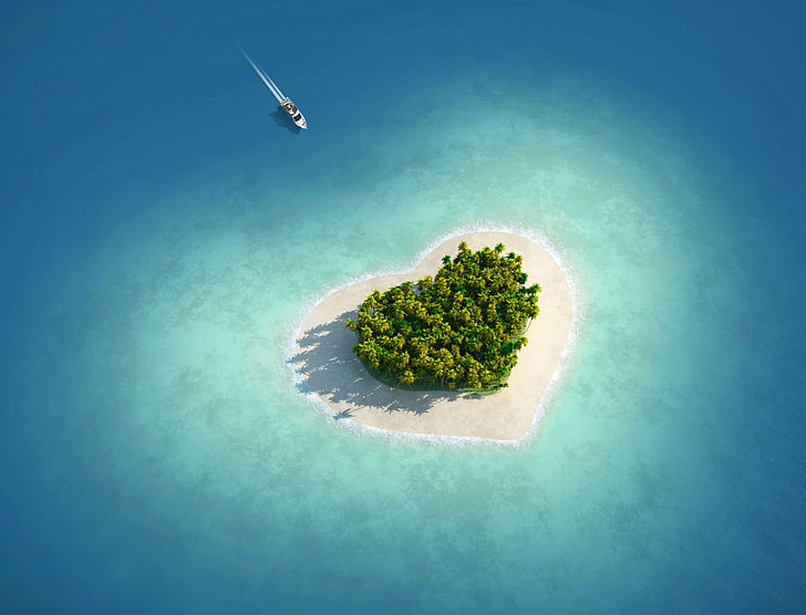 lot d'arbres verts, mer, îles, amour, tropiques, palmiers, coeur, bateau, île d'amour, Fond d'écran HD