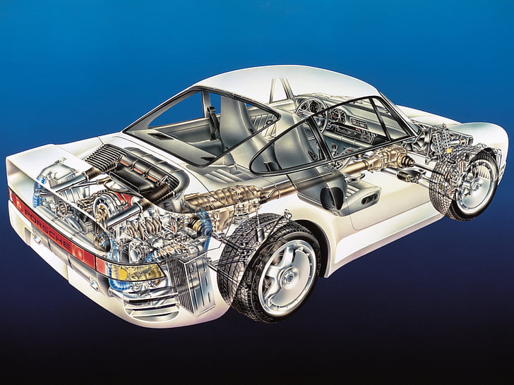 1987, 959, cutaway, mesin, interior, porsche, supercar, Wallpaper HD