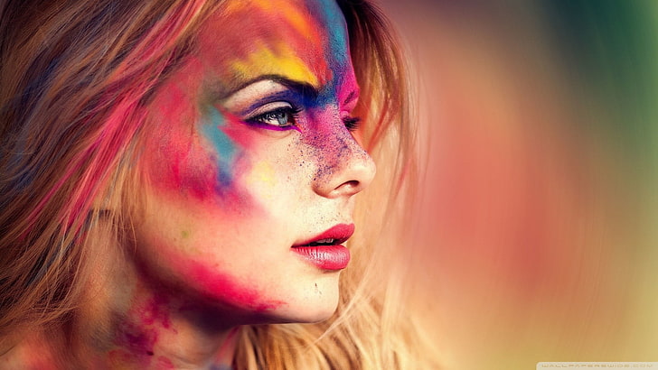 colorful, face, powder, women, eyes, blue eyes, Holi, people, HD wallpaper