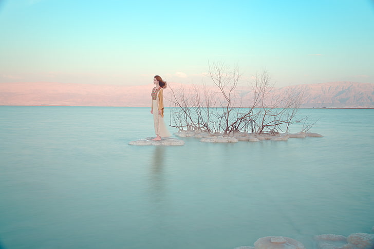 голые деревья, девушка, остров, мертвое море, пастель, HD обои