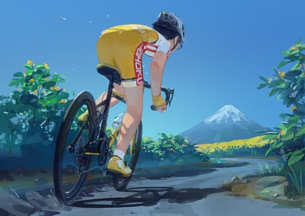 chicas anime, ciclista, ciclismo, montañas, deporte, ddal, Fondo de pantalla HD HD wallpaper