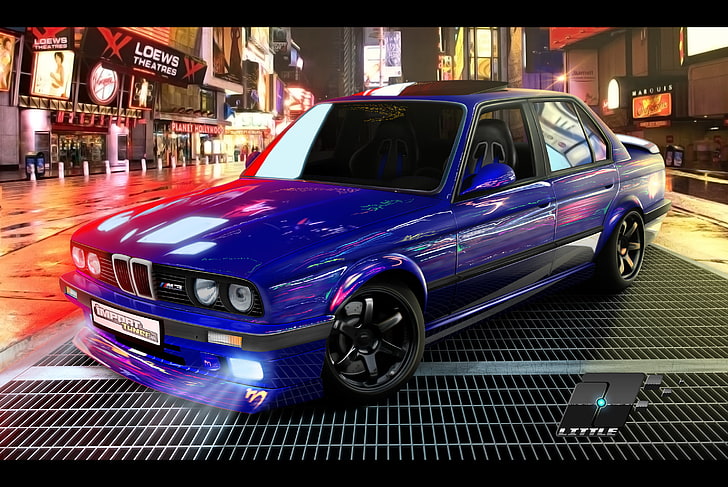 синьо BMW M3, машина, нощ, улица, тунинг, BMW, времеви квадрат, E30, HD тапет