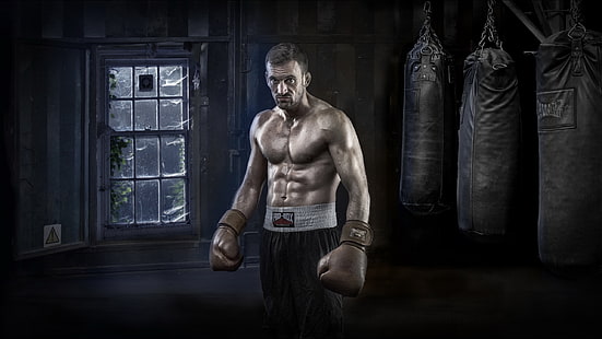 luvas de boxe marrons e saco pesado, esporte, masculino, treinamento, HD papel de parede HD wallpaper