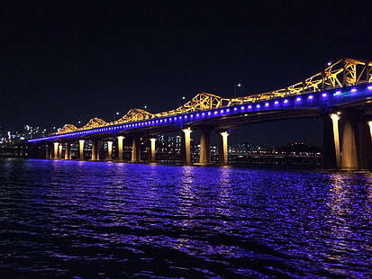 Корея, река Хан, мост, синее освещение, ночь, Корея, река Хан, мост, синее, освещение, ночь, HD обои HD wallpaper