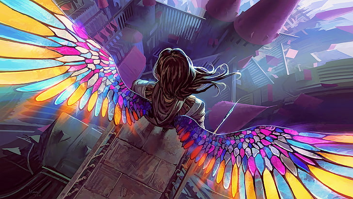 девушка с разноцветным крылом, иллюстрация, фэнтези-арт, фан-арт, ангел, Magic: The Gathering, HD обои