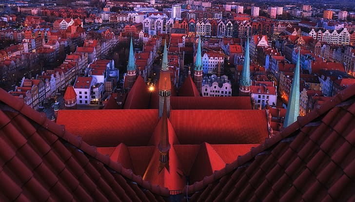 city, rooftops, colorful, evening, cityscape, Gdańsk, HD wallpaper