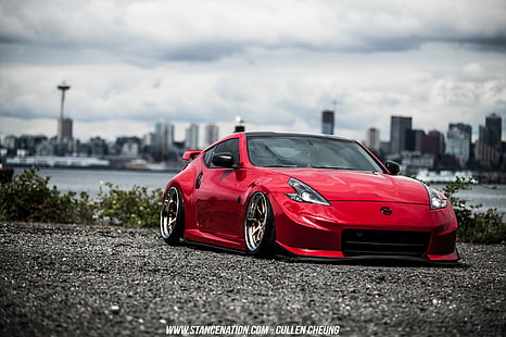 red sports coupe, Nissan, Stance, Stanceworks, StanceNation, red cars, JDM, tuning, Nissan 370Z, HD wallpaper HD wallpaper