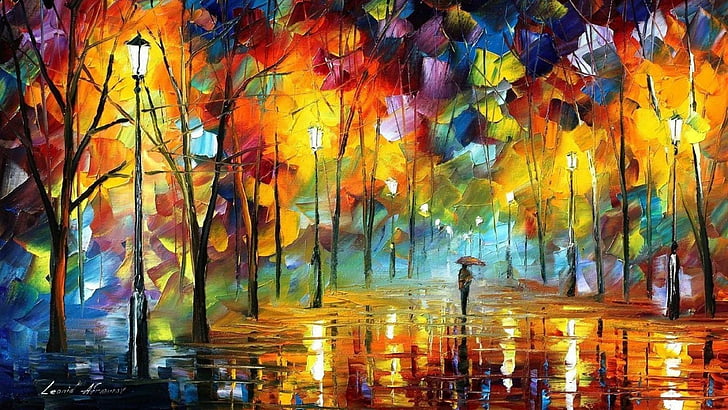 leonid afremov, lukisan, jalan, musim gugur, penuh warna, hujan, hujan, seni, Wallpaper HD