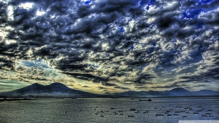 Boats In A Large Harbor Hdr, nimbus clouds, boats, mountains, harbor, nature and landscapes, HD wallpaper