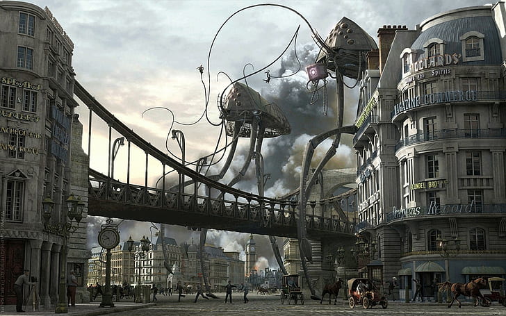 Aliens, Big Ben, kota, seni digital, London, perang, War Of The Worlds, Wallpaper HD