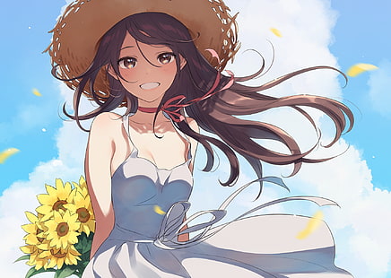 Anime, Anime Girls, Brünette, weißes Kleid, Strohhut, langes Haar, Sonnenkleid, Sonnenblumen, rotes Band, HD-Hintergrundbild HD wallpaper