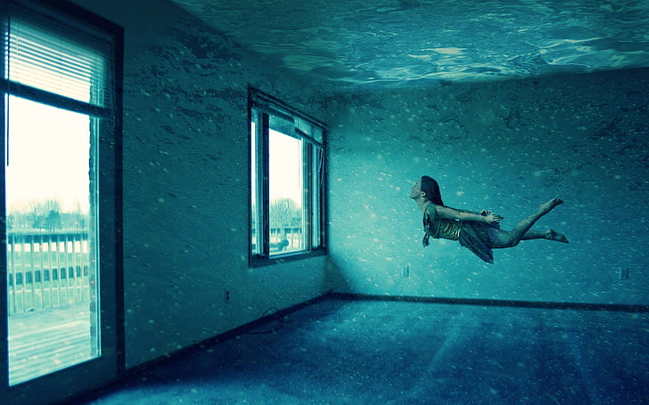 white window pane, surreal, swimming, underwater, water, cyan, HD wallpaper