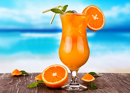 апельсиновый сок, лед, стакан, апельсины, сок, коктейль, напиток, цитрусовые, свежие, HD обои HD wallpaper
