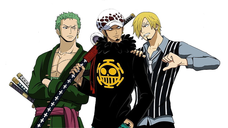 иллюстрация трех персонажей One Piece, аниме, One Piece, Санджи (One Piece), Трафальгарский закон, Зоро Ророноа, HD обои