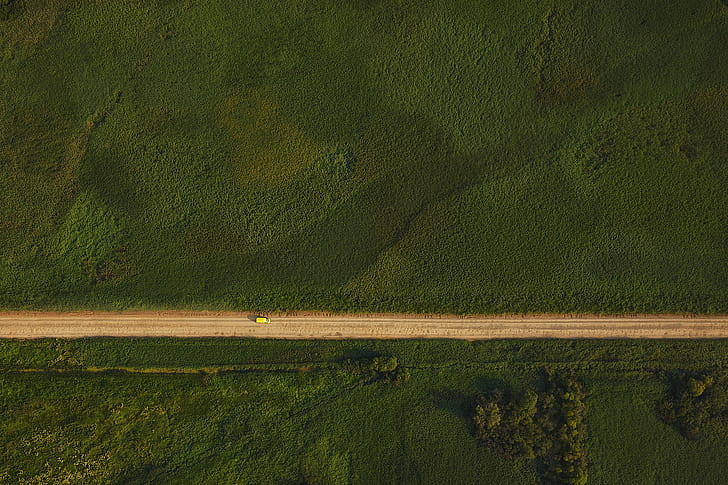 landscape, field, dirt road, top view, aerial view, trees, car, grass, nature, HD wallpaper