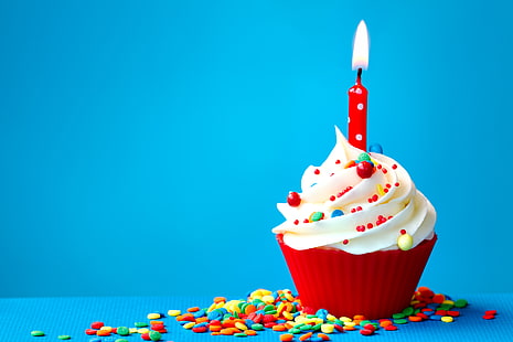 red and white cupcake with pencil, candle, cupcake, happy birthday, HD wallpaper HD wallpaper