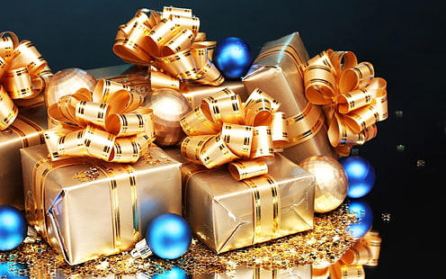 gray gift boxes, Christmas, New Year, presents, ribbon, Christmas ornaments , sparkles, HD wallpaper HD wallpaper