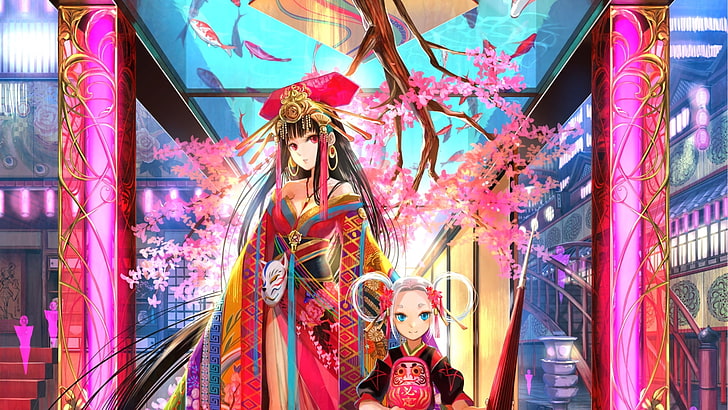Anime, Fuji Choko, Prinzessin, Anime Girls, Sakura Sakura, Frau in Rot, Maske, Palast, Unterwasser, Fisch, Kimono, HD-Hintergrundbild