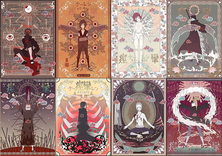 eight Naruto character cards, Naruto Shippuuden, anime, manga, Akatsuki, Tobi, Uchiha Sasuke, Sasori, Hoshigaki Kisame, Uchiha Itachi, Hidan, Deidara, Pein, cards, collage, HD wallpaper
