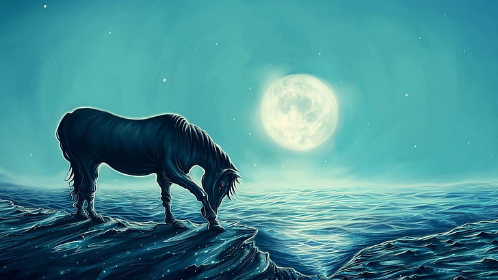 water, sky, moonlit, full moon, horse, wave, fantasy art, moonlight, dreamy, mane, dreamland, sea, ocean, artwork, darkness, HD wallpaper