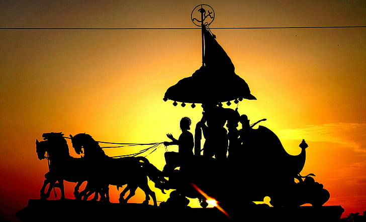 ARJUNAs CHARIOT (MAHABHARATA), hästvagn silhuett affisch, mytologi, hästar, siluett, krishna, arjuna, mahabharata, vagn, solnedgång, HD tapet